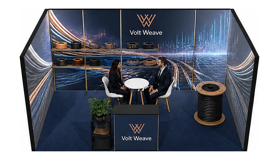 Stoisko 5 × 3 m szeregowe dla branży kable i elektrotechnika, przykładowa marka Volt Weave
