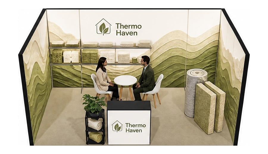 Stoisko 5 × 3 m szeregowe dla branży izolacje techniczne, przykładowa marka Thermo Haven