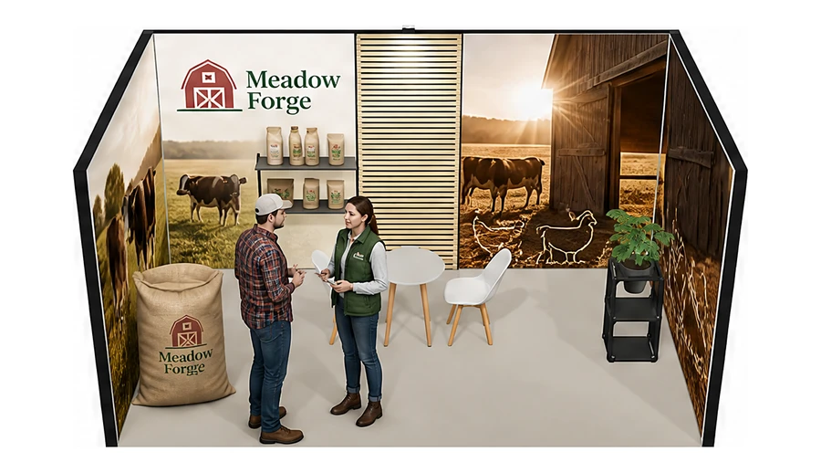 Stoisko 5 × 3 m szeregowe dla branży hodowla i pasze, przykładowa marka Meadow Forge