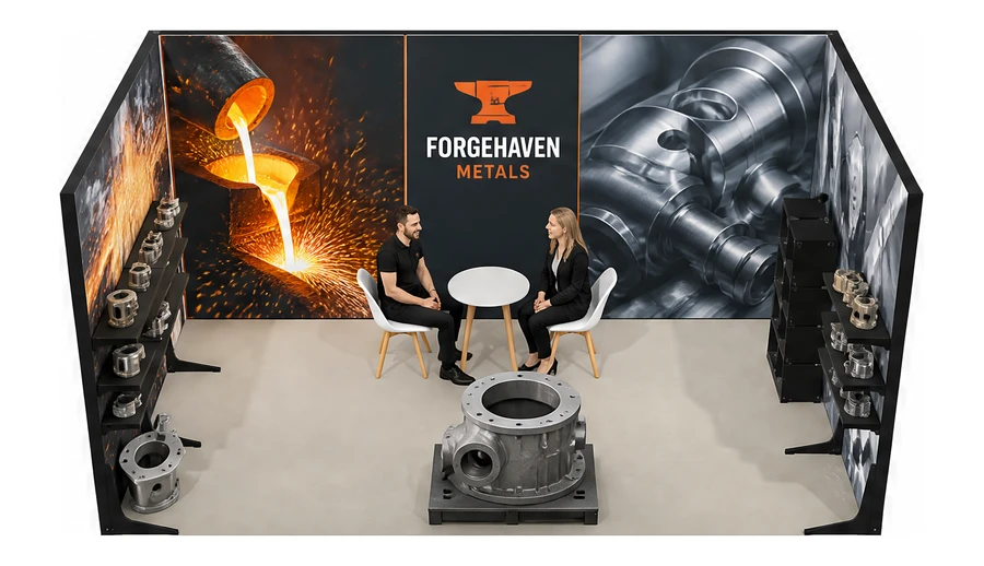 Stoisko 5 × 3 m szeregowe dla branży obróbka metali i odlewnictwo, przykładowa marka Forgehaven Metals