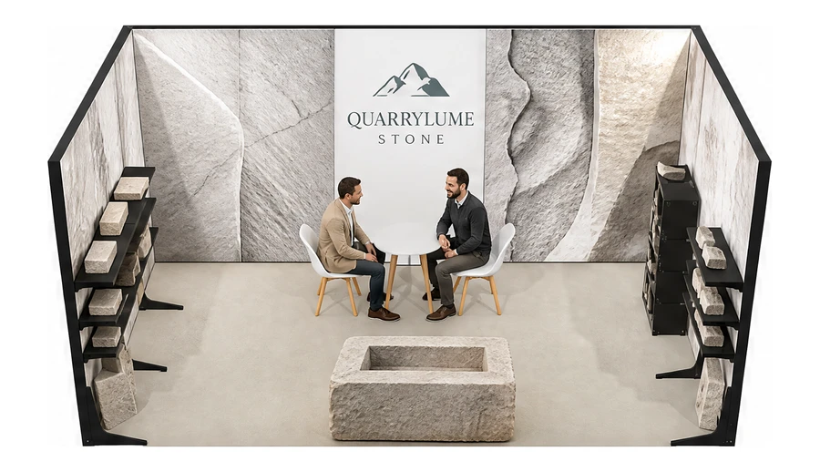 Stoisko 5 × 3 m szeregowe dla branży kamień i kamieniarstwo, przykładowa marka Quarrylume Stone