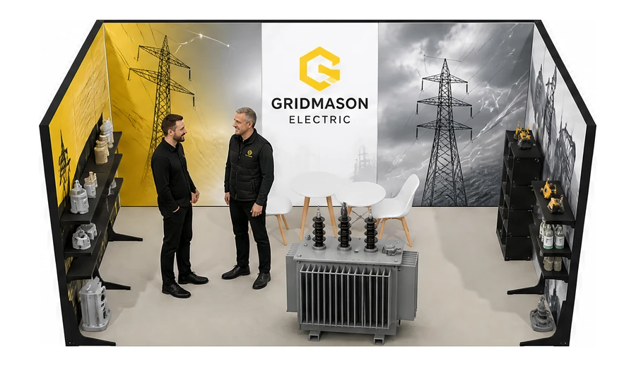 Stoisko 5 × 3 m szeregowe dla branży energetyka i sieci, przykładowa marka Gridmason Electric