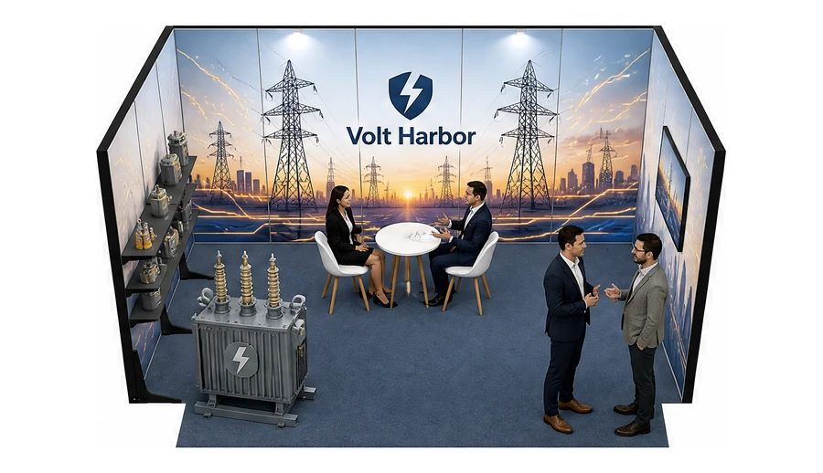 Stoisko 5 × 3 m szeregowe dla branży energetyka i sieci, przykładowa marka Volt Harbor