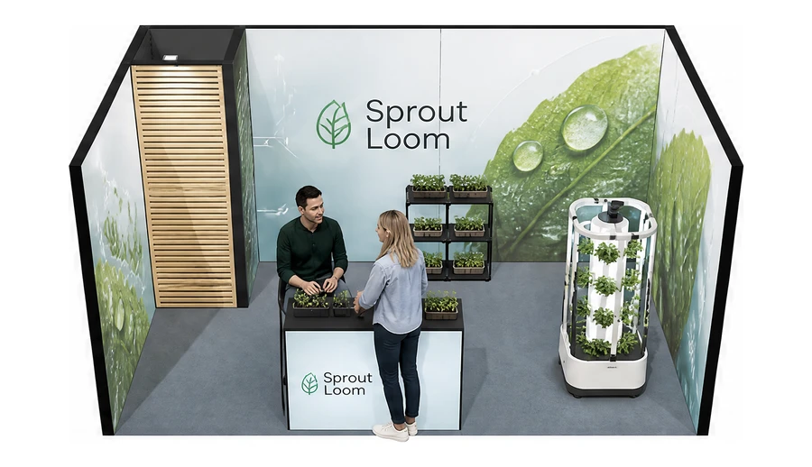 Stoisko 5 × 3 m szeregowe dla branży sadownictwo i warzywnictwo, przykładowa marka Sprout Loom