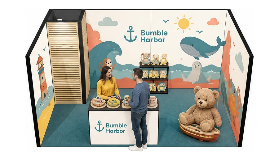 Stoisko 5 × 3 m szeregowe dla branży zabawki i artykuły dziecięce, przykładowa marka Bumble Harbor