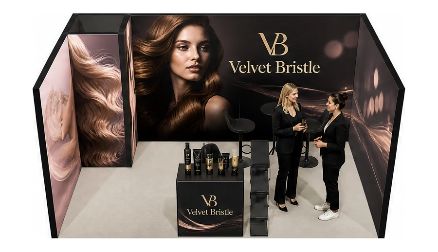 Stoisko 5 × 3 m szeregowe dla branży fryzjerstwo i salony beauty, przykładowa marka Velvet Bristle