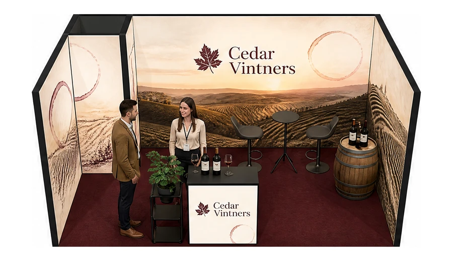 Stoisko 5 × 3 m szeregowe dla branży winnica, przykładowa marka Cedar Vintners