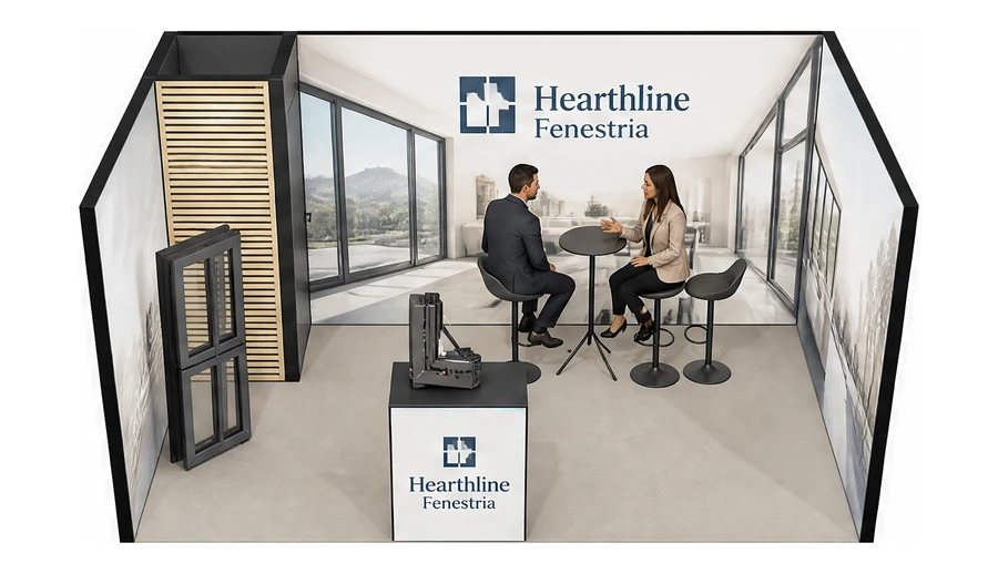 Stoisko 5 × 3 m szeregowe dla branży okna i drzwi, przykładowa marka Hearthline Fenestria