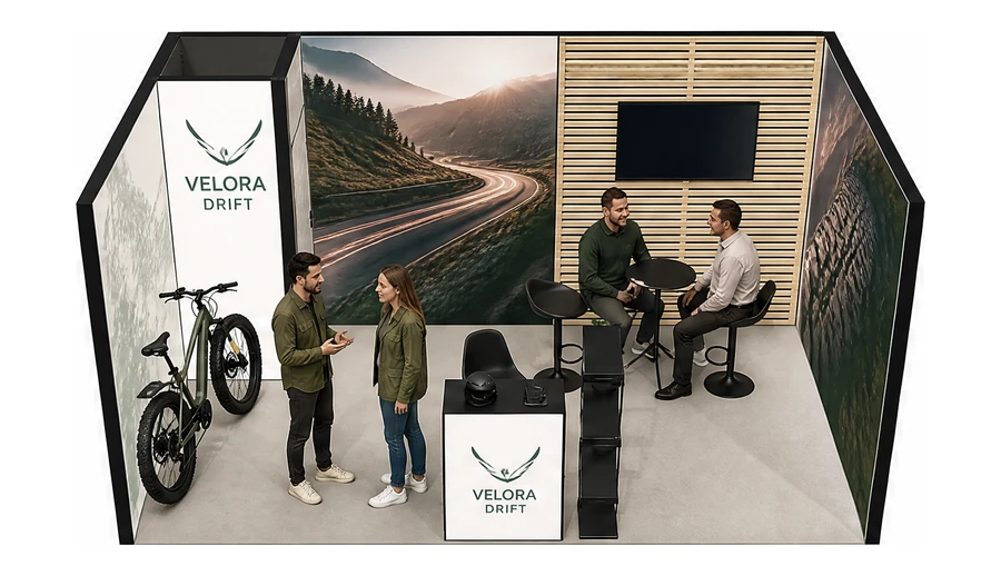 Stoisko 5 × 3 m szeregowe dla branży rowery elektryczne, przykładowa marka Velora Drift