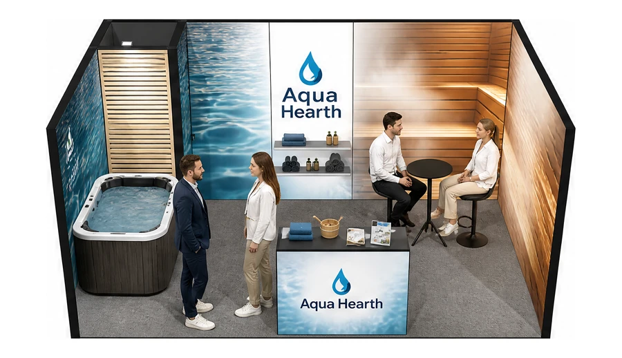 Stoisko 5 × 3 m szeregowe dla branży baseny i sauny, przykładowa marka Aqua Hearth