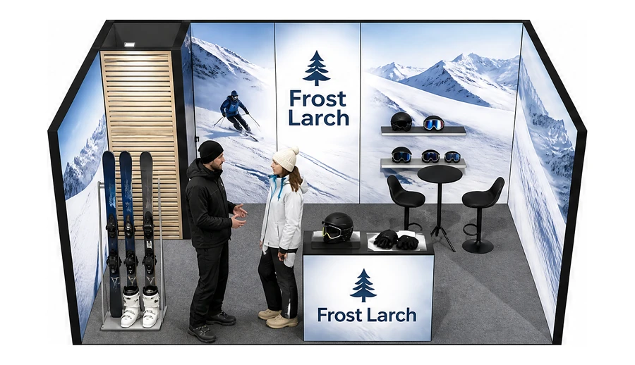 Stoisko 5 × 3 m szeregowe dla branży narciarstwo i sporty zimowe, przykładowa marka Frost Larch