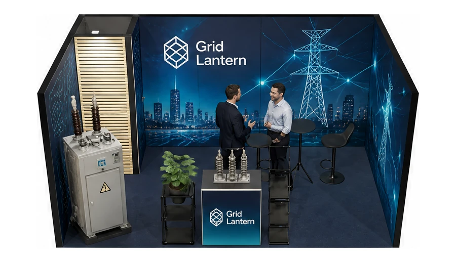 Stoisko 5 × 3 m szeregowe dla branży energetyka i sieci, przykładowa marka Grid Lantern