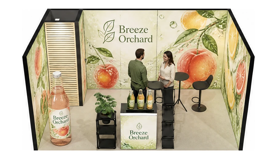 Stoisko 5 × 3 m szeregowe dla branży napoje, przykładowa marka Breeze Orchard