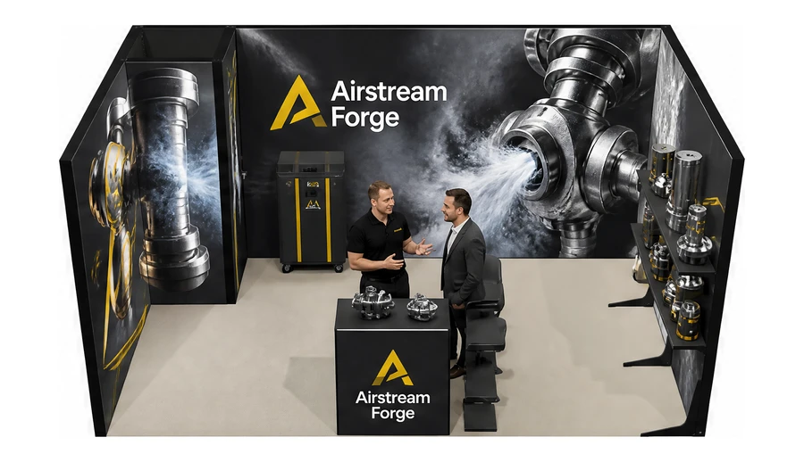 Stoisko 5 × 3 m szeregowe dla branży pneumatyka i sprężone powietrze, przykładowa marka Airstream Forge