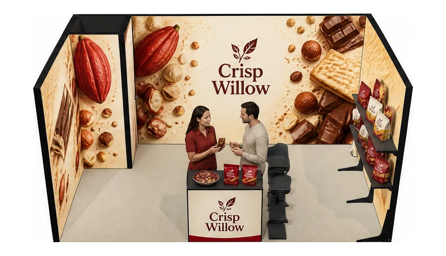 Stoisko 5 × 3 m szeregowe dla branży słodycze i przekąski, przykładowa marka Crisp Willow