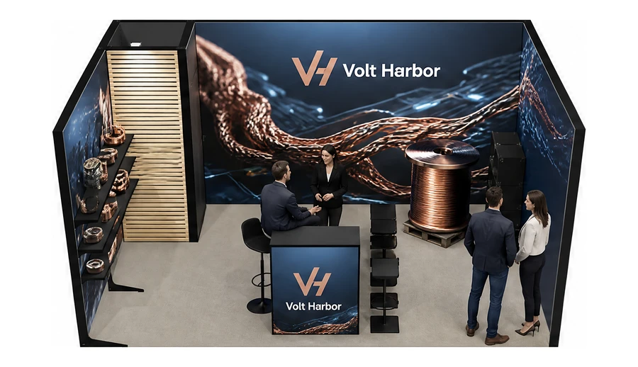 Stoisko 5 × 3 m szeregowe dla branży kable i elektrotechnika, przykładowa marka Volt Harbor