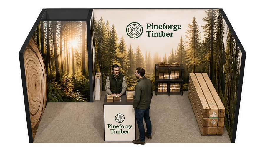 Stoisko 5 × 3 m szeregowe dla branży leśnictwo i przemysł drzewny, przykładowa marka Pineforge Timber