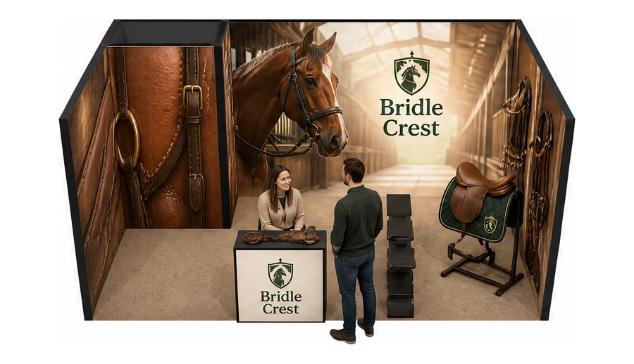 Stoisko 5 × 3 m szeregowe dla branży jeździectwo, przykładowa marka Bridle Crest