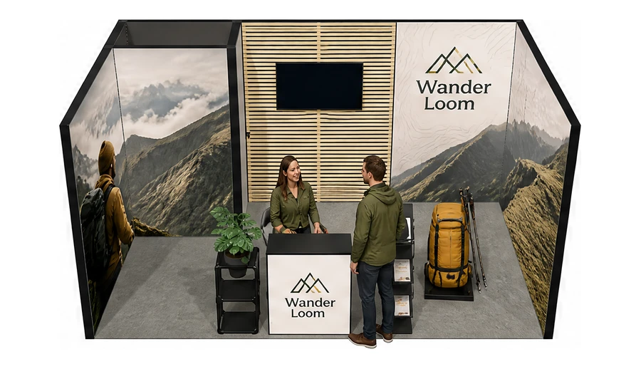 Stoisko 5 × 3 m szeregowe dla branży odzież i sprzęt outdoorowy, przykładowa marka Wander Loom