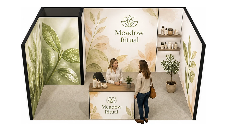 Stoisko 5 × 3 m szeregowe dla branży kosmetyki naturalne, przykładowa marka Meadow Ritual