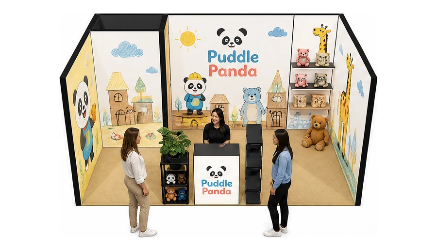 Stoisko 5 × 3 m szeregowe dla branży zabawki i artykuły dziecięce, przykładowa marka Puddle Panda