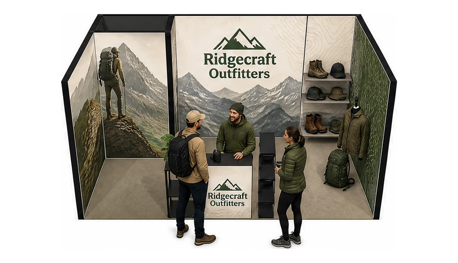 Stoisko 5 × 3 m szeregowe dla branży odzież i sprzęt outdoorowy, przykładowa marka Ridgecraft Outfitters