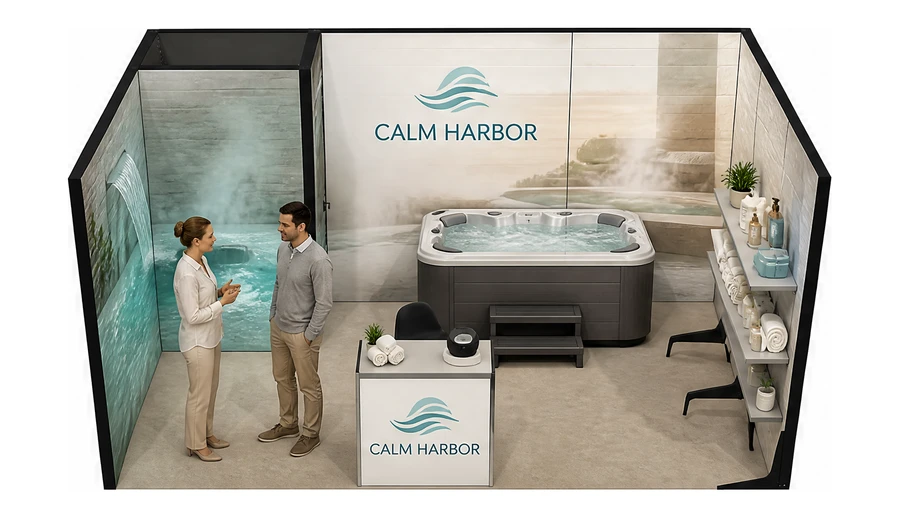 Stoisko 5 × 3 m szeregowe dla branży spa i wellness, przykładowa marka Calm Harbor