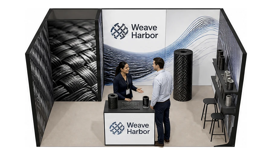 Stoisko 5 × 3 m szeregowe dla branży materiały kompozytowe, przykładowa marka Weave Harbor