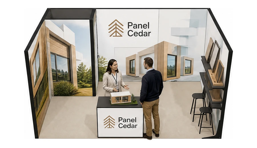 Stoisko 5 × 3 m szeregowe dla branży domy modułowe i prefabrykacja, przykładowa marka Panel Cedar