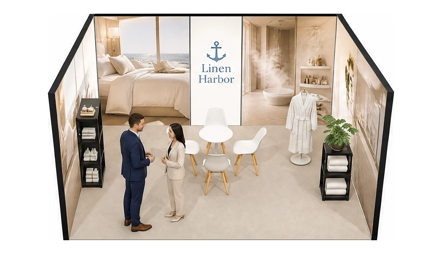 Stoisko 5 × 4 m szeregowe dla branży wyposażenie hoteli, przykładowa marka Linen Harbor