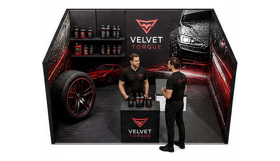 Stoisko 5 × 4 m szeregowe dla branży tuning i detailing, przykładowa marka Velvet Torque