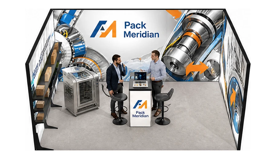 Stoisko 5 × 4 m szeregowe dla branży maszyny pakujące, przykładowa marka Pack Meridian