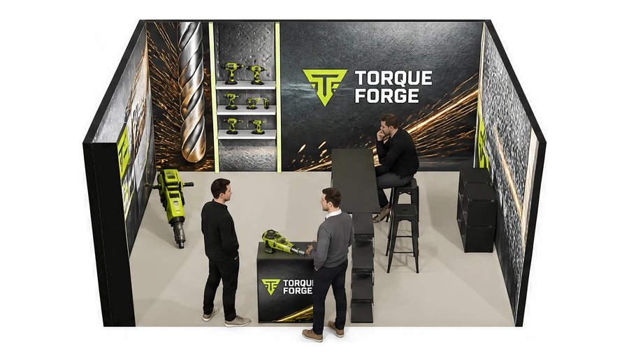 Stoisko 5 × 4 m szeregowe dla branży elektronarzędzia, przykładowa marka Torque Forge