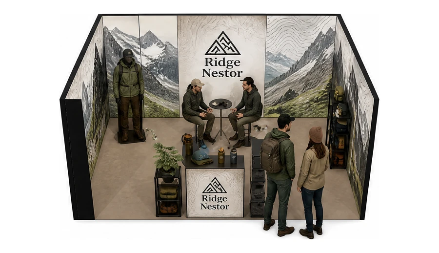 Stoisko 5 × 4 m szeregowe dla branży odzież i sprzęt outdoorowy, przykładowa marka Ridge Nestor