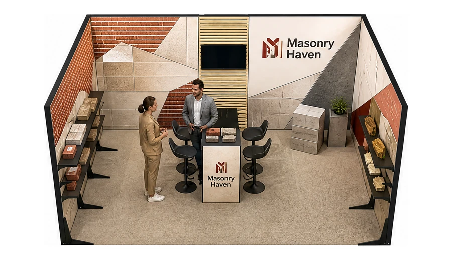 Stoisko 5 × 4 m szeregowe dla branży materiały budowlane, przykładowa marka Masonry Haven