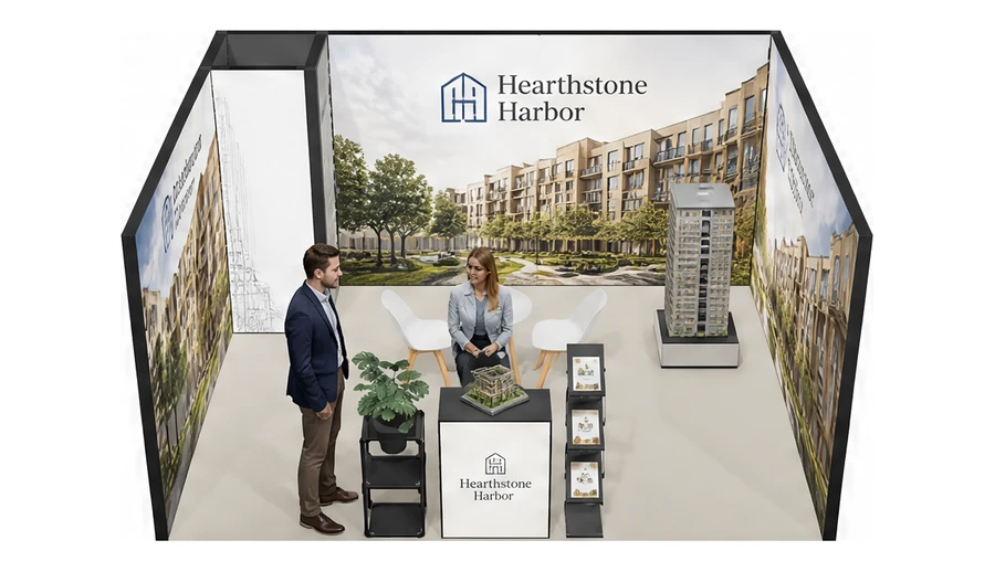 Stoisko 5 × 4 m szeregowe dla branży deweloperzy i nieruchomości, przykładowa marka Hearthstone Harbor