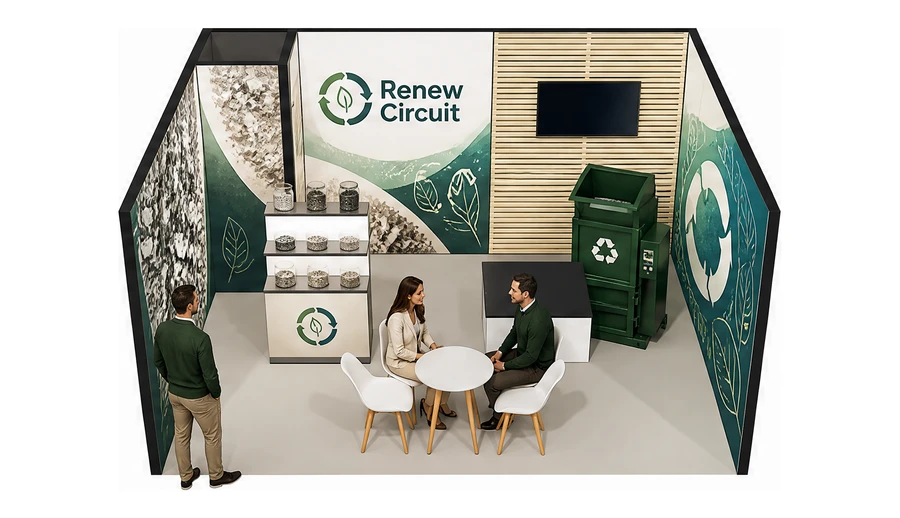 Stoisko 5 × 4 m szeregowe dla branży recykling i ochrona środowiska, przykładowa marka Renew Circuit