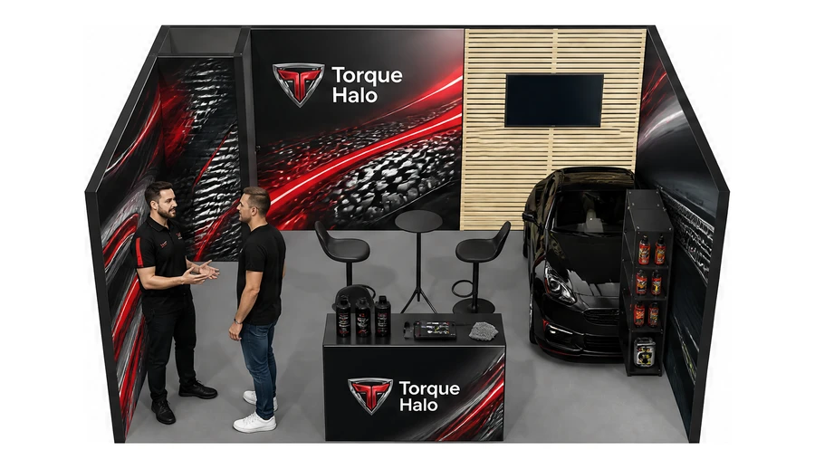 Stoisko 5 × 4 m szeregowe dla branży tuning i detailing, przykładowa marka Torque Halo