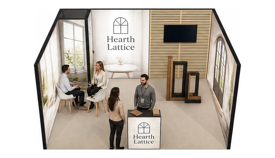 Stoisko 5 × 4 m szeregowe dla branży okna i drzwi, przykładowa marka Hearth Lattice