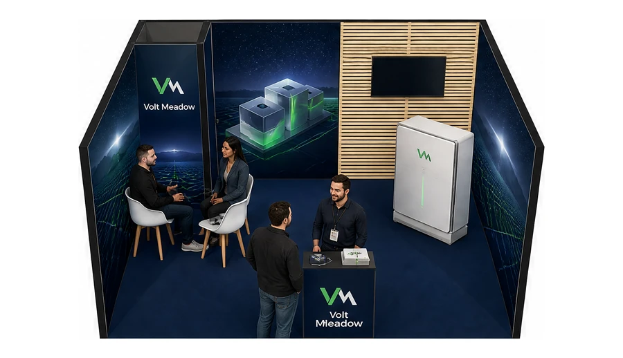 Stoisko 5 × 4 m szeregowe dla branży magazyny energii, przykładowa marka Volt Meadow