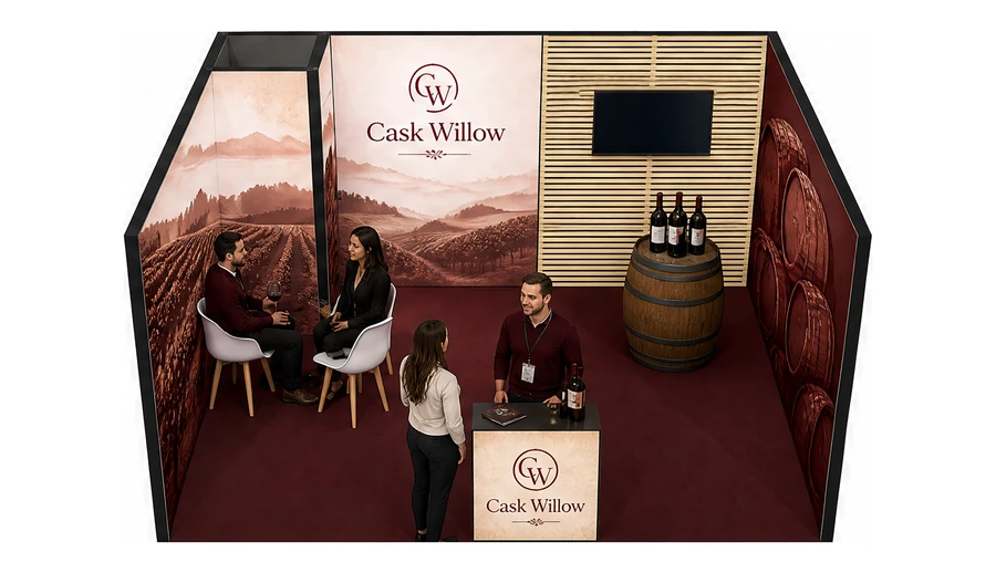 Stoisko 5 × 4 m szeregowe dla branży winnica, przykładowa marka Cask Willow