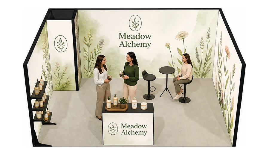 Stoisko 5 × 4 m szeregowe dla branży kosmetyki naturalne, przykładowa marka Meadow Alchemy