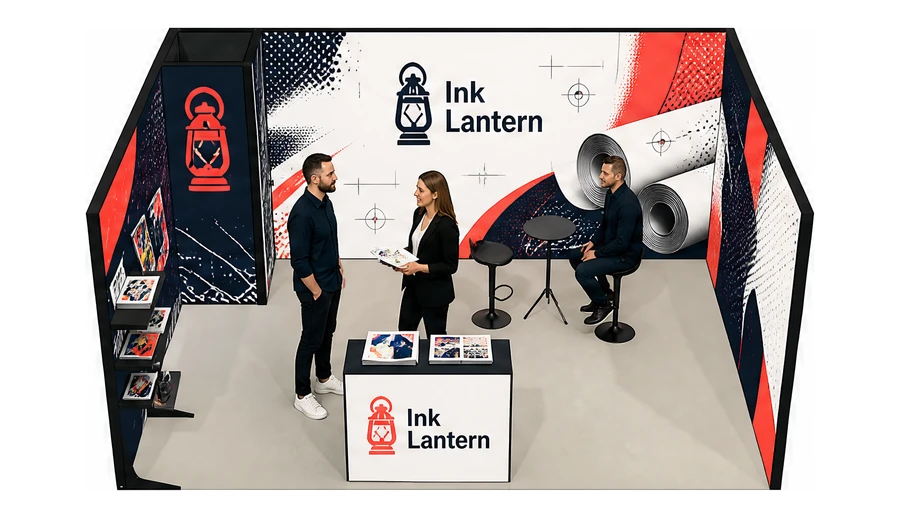 Stoisko 5 × 4 m szeregowe dla branży reklama i druk, przykładowa marka Ink Lantern