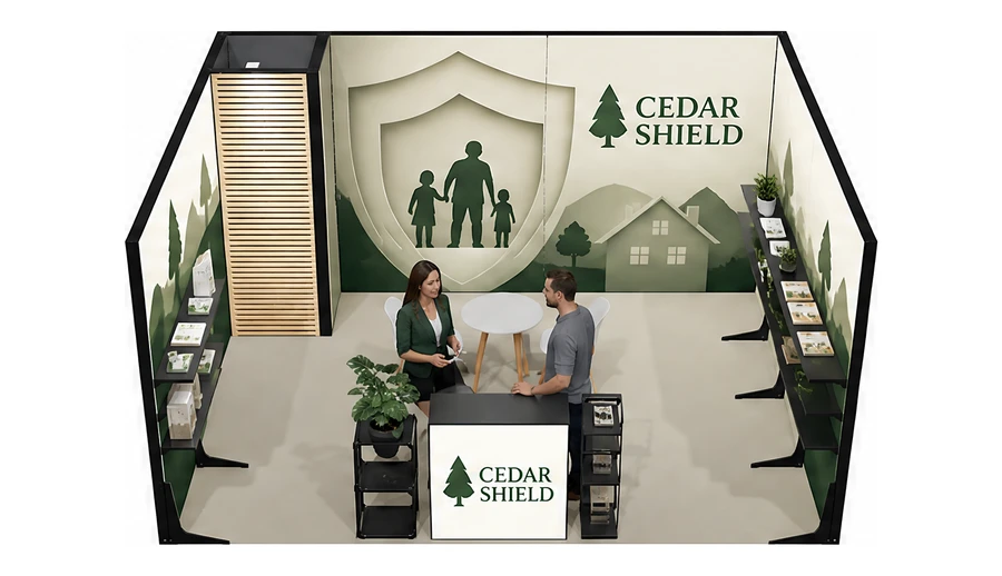 Stoisko 5 × 4 m szeregowe dla branży ubezpieczenia, przykładowa marka Cedar Shield