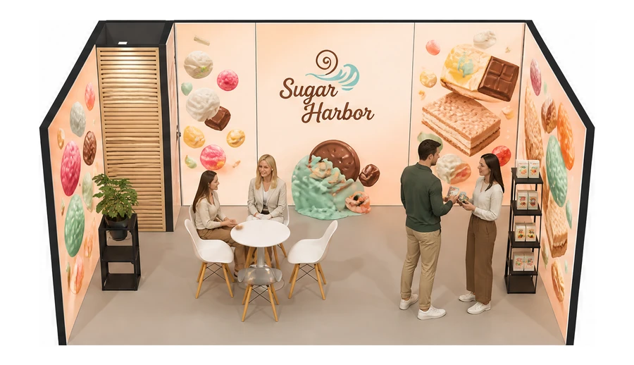 Stoisko 5 × 4 m szeregowe dla branży słodycze i przekąski, przykładowa marka Sugar Harbor