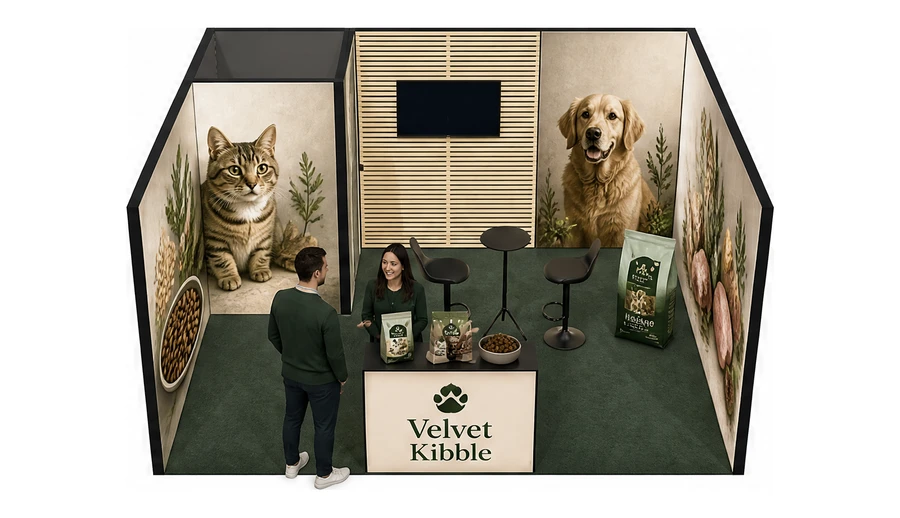 Stoisko 5 × 4 m szeregowe dla branży karma dla zwierząt, przykładowa marka Velvet Kibble