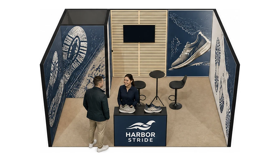 Stoisko 5 × 4 m szeregowe dla branży obuwie, przykładowa marka Harbor Stride
