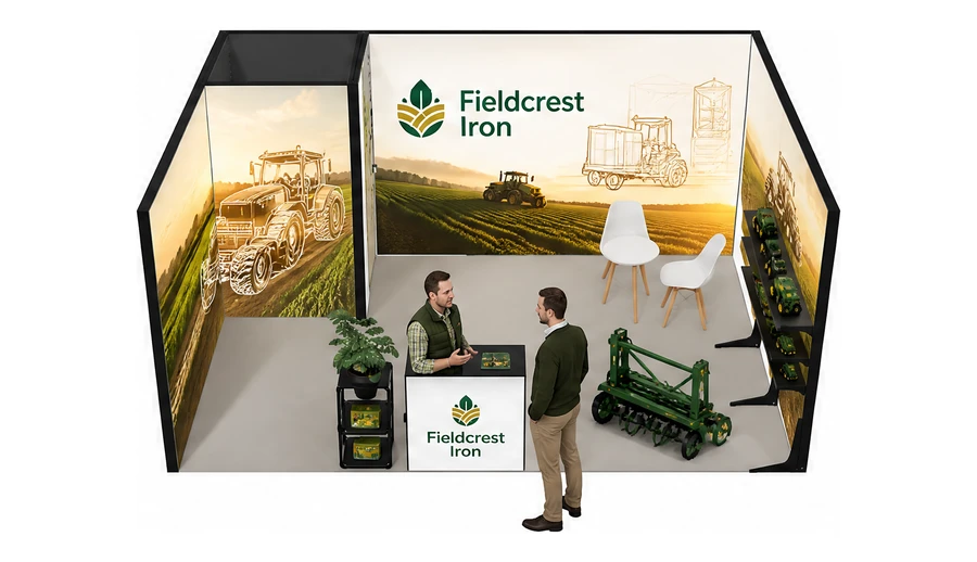 Stoisko 5 × 4 m szeregowe dla branży maszyny rolnicze, przykładowa marka Fieldcrest Iron