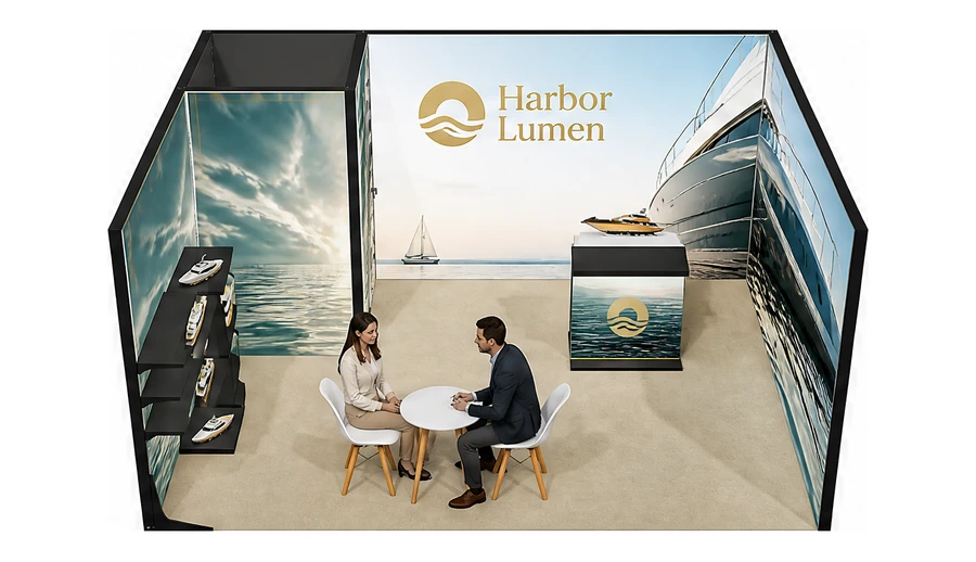 Stoisko 5 × 4 m szeregowe dla branży jachty i łodzie, przykładowa marka Harbor Lumen
