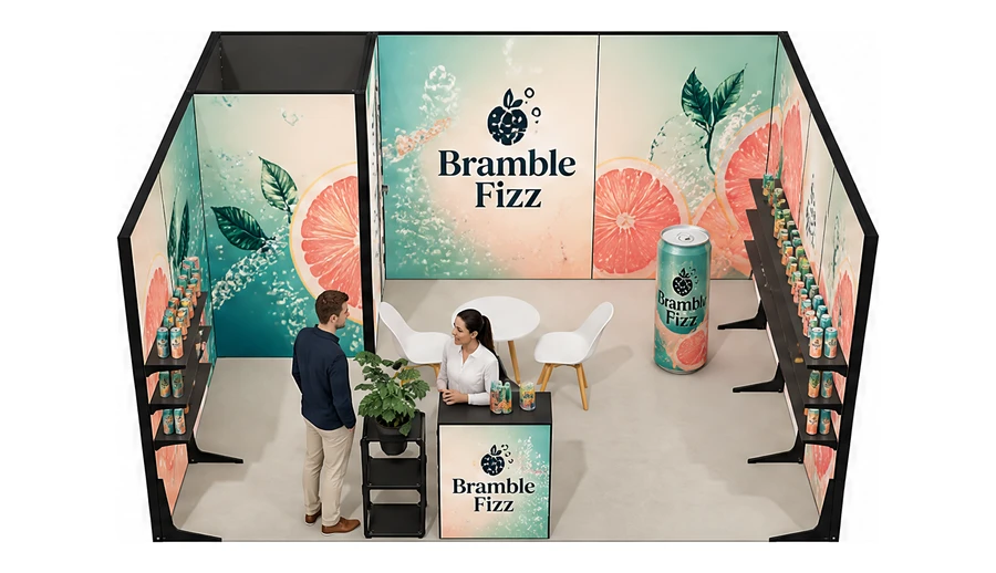 Stoisko 5 × 4 m szeregowe dla branży napoje, przykładowa marka Bramble Fizz